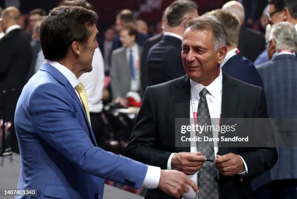 President of hockey operations George McPhee of the Vegas Golden Knights and general manager Ken Holland of the Edmonton Oilers look on prior to the...