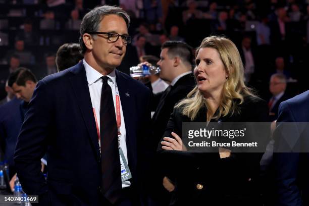 President Brendan Shanahan and assistant general manager Hayley Wickenheiser of the Toronto Maple Leafs talk prior to Round One of the 2022 Upper...