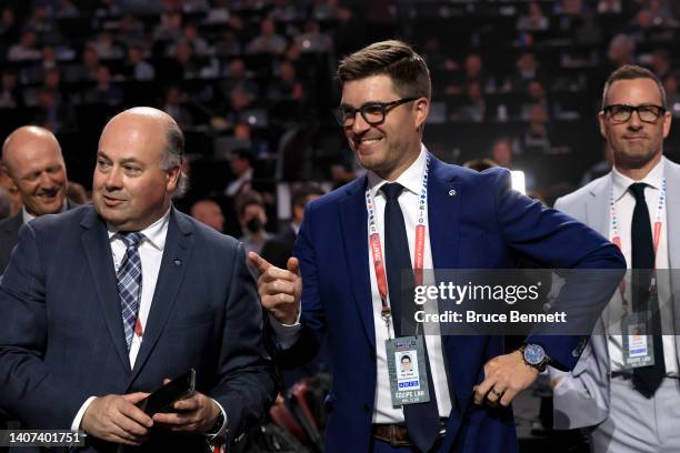 General manager Kyle Dubas of the Toronto Maple Leafs looks on prior to Round One of the 2022 Upper Deck NHL Draft at Bell Centre on July 07, 2022 in...