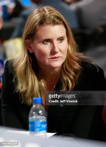 Assistant general manager Hayley Wickenheiser of the of the Toronto Maple Leafs looks on prior to the first round of the 2022 Upper Deck NHL Draft at...