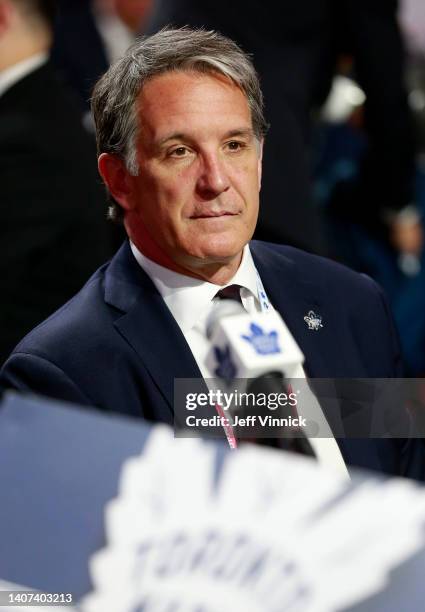 President Brendan Shanahan of the Toronto Maple Leafs looks on prior to the first round of the 2022 Upper Deck NHL Draft at Bell Centre on July 07,...