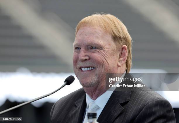 Owner and managing general partner Mark Davis of the Las Vegas Raiders smiles during a news conference introducing former Nevada Gaming Control Board...