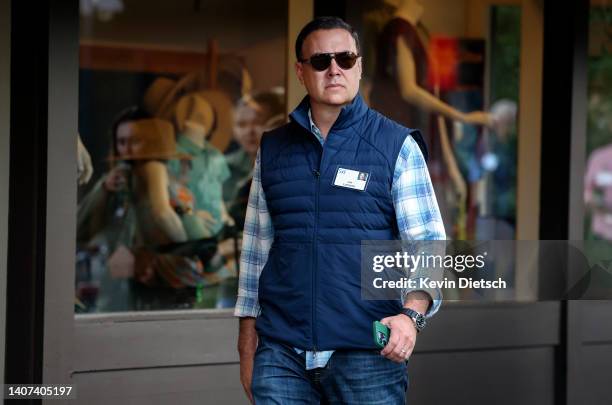 Jim Lanzone, CEO of Yahoo, walks to a morning session during the Allen & Company Sun Valley Conference on July 07, 2022 in Sun Valley, Idaho. The...