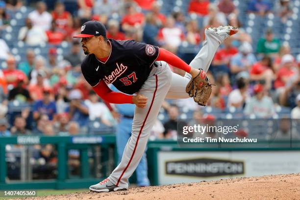 Andres Machado of the Washington Nationals pitches during the fifth inning against the Philadelphia Phillies at Citizens Bank Park on July 07, 2022...