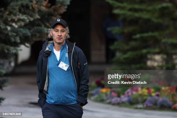Alex Karp, CEO of Palantir Technologies, walks to a morning session during the Allen & Company Sun Valley Conference on July 07, 2022 in Sun Valley,...