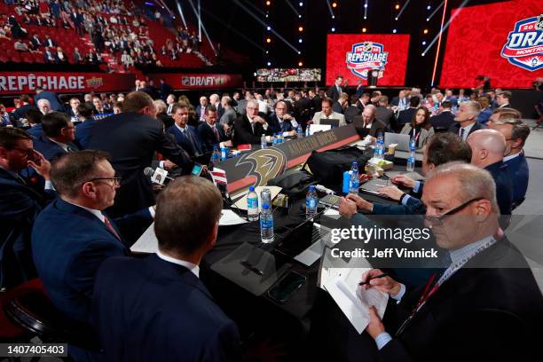 General view of the Anaheim Ducks draft table prior to the first round of the 2022 Upper Deck NHL Draft at Bell Centre on July 07, 2022 in Montreal,...