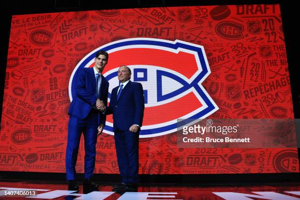 Juraj Slafkovsky is drafted by the Montreal Canadiens during Round One of the 2022 Upper Deck NHL Draft at Bell Centre on July 07, 2022 in Montreal,...