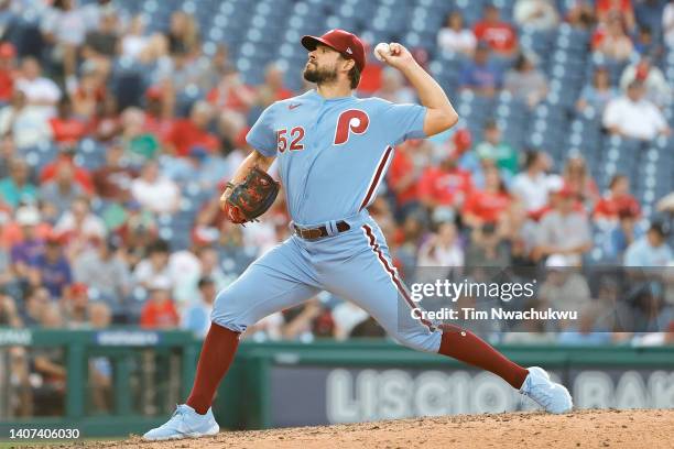 Brad Hand of the Philadelphia Phillies pitches during the eighth inning against the Washington Nationals at Citizens Bank Park on July 07, 2022 in...