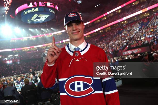 Juraj Slafkovsky of the Montreal Canadiens, first overall pick of the 2022 Upper Deck NHL Draft, poses for a photo at Bell Centre on July 07, 2022 in...