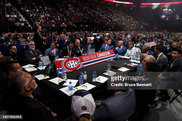 The Montreal Canadiens draft table during Round One of the 2022 Upper Deck NHL Draft at Bell Centre on July 07, 2022 in Montreal, Quebec, Canada.