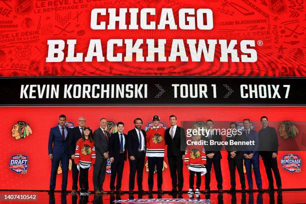 Kevin Korchinski is drafted by the Chicago Blackhawks during Round One of the 2022 Upper Deck NHL Draft at Bell Centre on July 07, 2022 in Montreal,...