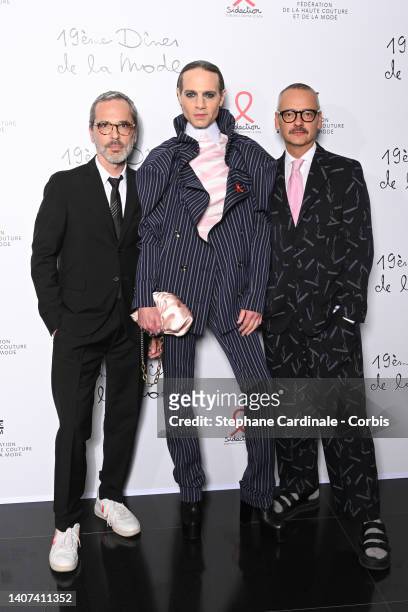 Viktor Horsting, Jordan Roth and Rolf Snoeren attend the "Diner De La Mode" to benefit Sidaction at Pavillon Cambon Capucines on July 07, 2022 in...