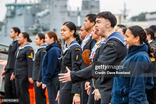 Haka is performed by shoreside navy crew during the ceremonial homecoming of HMNZS Te Mana at Devonport Naval Base on July 08, 2022 in Auckland, New...