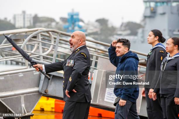 Haka is performed by shoreside navy crew during the ceremonial homecoming of HMNZS Te Mana at Devonport Naval Base on July 08, 2022 in Auckland, New...