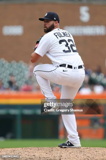 Michael Fulmer of the Detroit Tigers throws a pitch while playing the Cleveland Guardians at Comerica Park on July 06, 2022 in Detroit, Michigan.