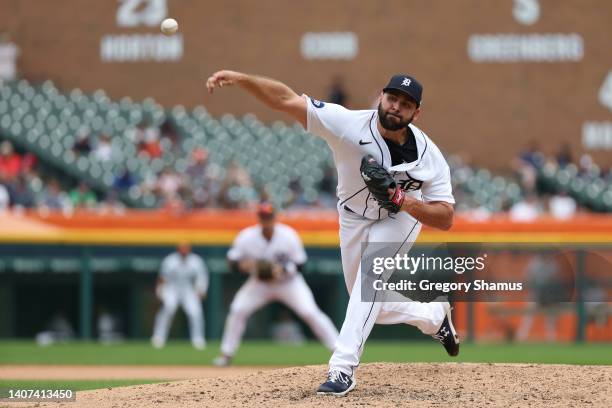 Michael Fulmer of the Detroit Tigers throws a pitch while playing the Cleveland Guardians at Comerica Park on July 06, 2022 in Detroit, Michigan.