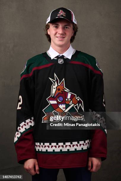 Logan Cooley, #3 pick by the Arizona Coyotes, poses for a portrait during the 2022 Upper Deck NHL Draft at Bell Centre on July 07, 2022 in Montreal,...