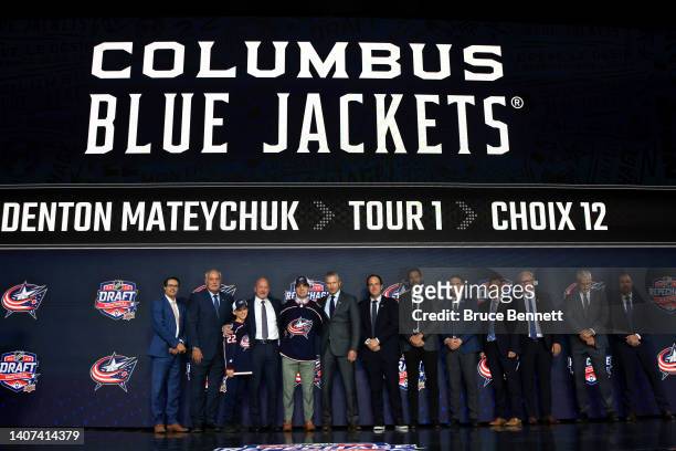 Denton Mateychuk is drafted by the Columbus Blue Jackets during Round One of the 2022 Upper Deck NHL Draft at Bell Centre on July 07, 2022 in...
