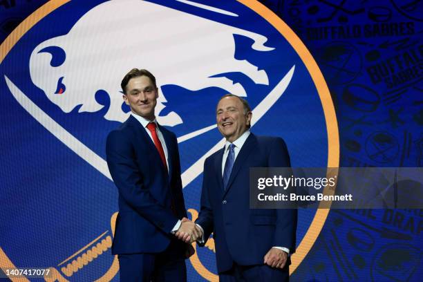 Noah Ostlund is drafted by the Buffalo Sabres during Round One of the 2022 Upper Deck NHL Draft at Bell Centre on July 07, 2022 in Montreal, Quebec,...