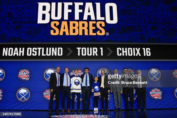 Noah Ostlund is drafted by the Buffalo Sabres during Round One of the 2022 Upper Deck NHL Draft at Bell Centre on July 07, 2022 in Montreal, Quebec,...