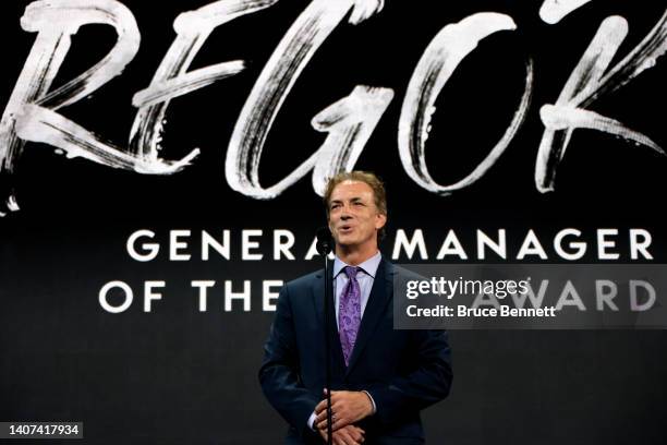 Joe Sakic of the Colorado Avalanche speaks on stage after being awarded with the Jim Gregory General Manager of the Year Award during Round One of...