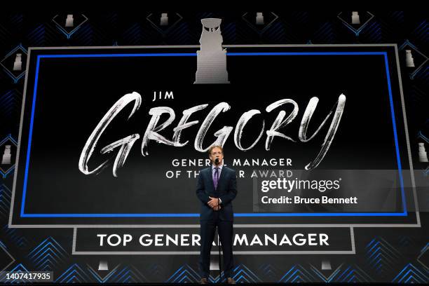 Joe Sakic of the Colorado Avalanche speaks on stage after being awarded with the Jim Gregory General Manager of the Year Award during Round One of...