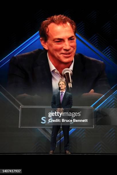 Joe Sakic of the Colorado Avalanche speaks on stage after being awarded with the Jim Gregory General Manager of the Year Award during Round One of...