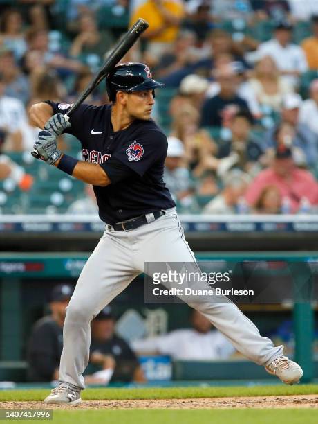 Luke Maile of the Cleveland Guardians bats against the Cleveland Guardians at Comerica Park on July 5 in Detroit, Michigan.