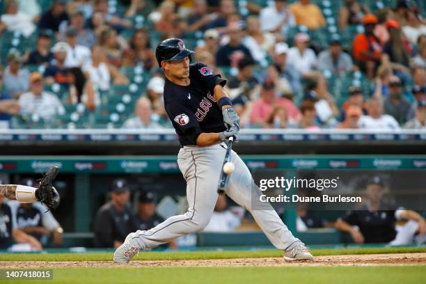 Luke Maile of the Cleveland Guardians fouls off a pitch against the Cleveland Guardians at Comerica Park on July 5 in Detroit, Michigan.