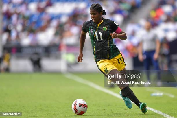 Khadija Shaw of Jamaica drives the ball during the match between Jamaica and United States as part of the 2022 Concacaf W Championship at BBVA...