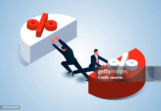 equal distribution, egalitarianism, isometric two businessmen pushing away an average sized pie chart, market share equally distributed - average man stock illustrations