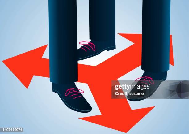 isometric feet hovering at the crossroads of arrows in different directions, decision and choice of direction, next steps for career and business development - weakness stock illustrations