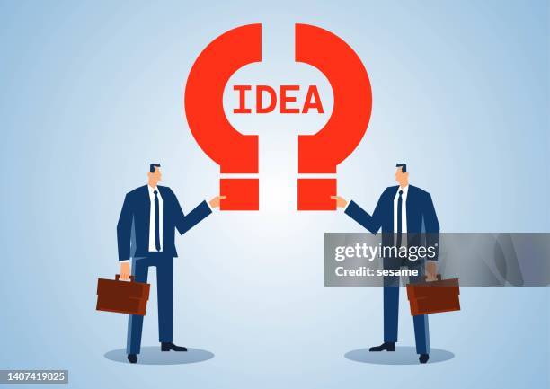two businessmen holding question mark puzzle into creative light bulb, common creativity and idea, idea and creativity - creative director stock illustrations