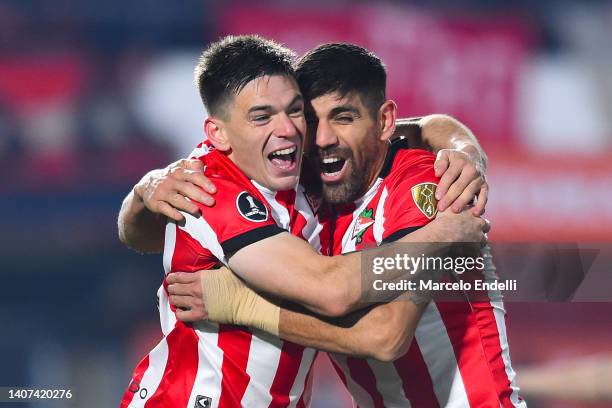 Manuel Castro of Estudiantes celebrate with Leandro Diaz of Estudiantes after scoring his team’s second goal during a Copa CONMEBOL Libertadores 2022...