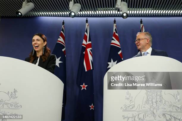 New Zealand Prime Minister Jacinda Ardern and Australian Prime Minister Anthony Albanese attend a joint press conference on July 08, 2022 in Sydney,...
