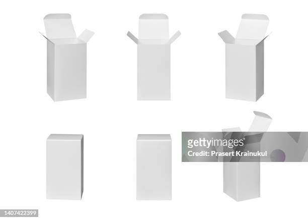 set of empty packaging boxes or product box tall white box cardboard cosmetic box - scatola foto e immagini stock
