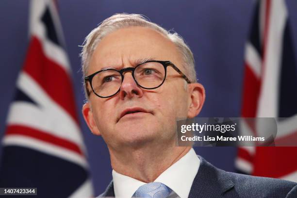 Australian Prime Minister Anthony Albanese speaks during a joint press conference with NZ Prime Minister Jacinda Ardern on July 08, 2022 in Sydney,...