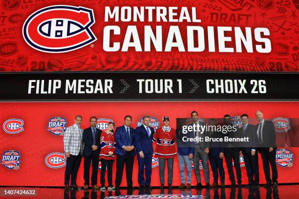 Filip Mesar is drafted by the Montreal Canadiens during Round One of the 2022 Upper Deck NHL Draft at Bell Centre on July 07, 2022 in Montreal,...