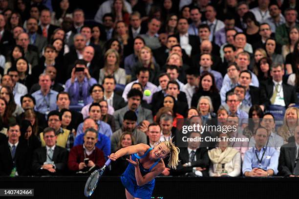 Maria Sharapova of Russia serves against Caroline Wozniacki of Denmark during the BNP Paribas Showdown at Madison Square Garden on March 5, 2012 in...