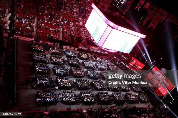 General overview of the draft floor and tables during the first round of the 2022 Upper Deck NHL Draft at Bell Centre on July 07, 2022 in Montreal,...