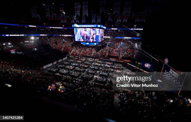 General overview of the draft floor and tables during the first round of the 2022 Upper Deck NHL Draft at Bell Centre on July 07, 2022 in Montreal,...