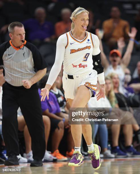 Sophie Cunningham of the Phoenix Mercury reacts after a three-point shot against the New York Liberty during the first half of the WNBA game at...