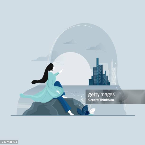 illustrazioni stock, clip art, cartoni animati e icone di tendenza di giovani donne sedute sulle rocce e godono del tramonto sul mare - ritratto