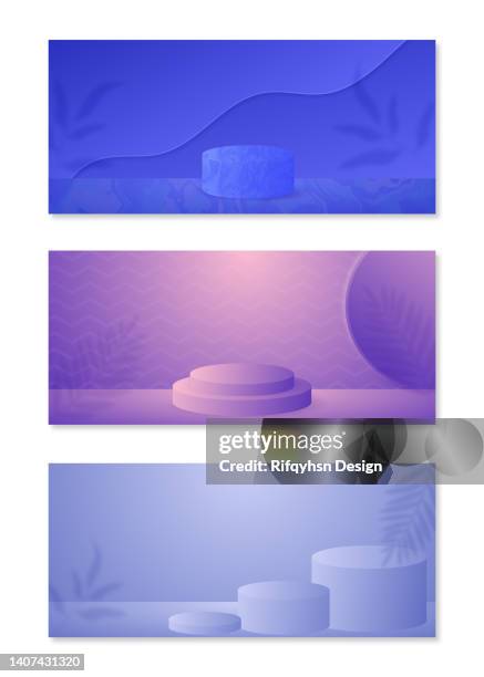 blue gradient realistic 3d cylinder podium and leaf on horizontal pattern scene. abstract minimal scene for mockup products display, stage showcase. vector geometric forms - trophy wall stock illustrations