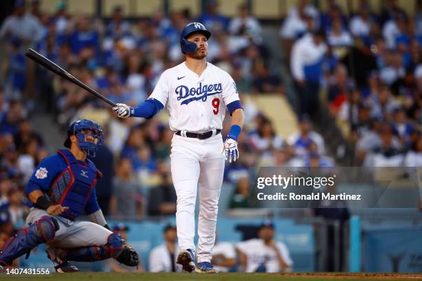 Gavin Lux of the Los Angeles Dodgers hits a two-run home run against the Chicago Cubs in the second inning at Dodger Stadium on July 07, 2022 in Los...