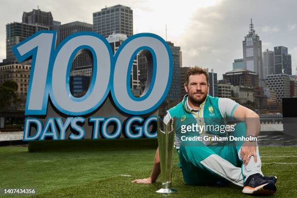 Aaron Finch of Australia poses during the T20 World Cup Trophy Tour Launch at Crown Riverwalk on July 08, 2022 in Melbourne, Australia.