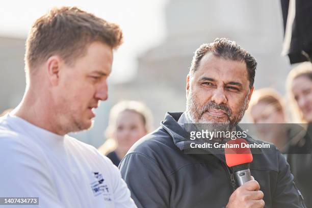 Waqar Younis speaks during the T20 World Cup Trophy Tour Launch at Crown Riverwalk on July 08, 2022 in Melbourne, Australia.