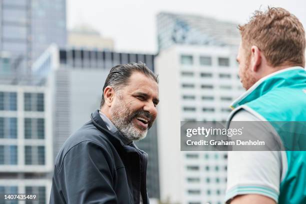 Waqar Younis smiles during the T20 World Cup Trophy Tour Launch at Crown Riverwalk on July 08, 2022 in Melbourne, Australia.
