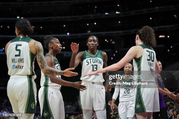 Gabby Williams, Jewell Loyd, Ezi Magbegor, Briann January and Breanna Stewart of Seattle Storm react in the second half against the Los Angeles...