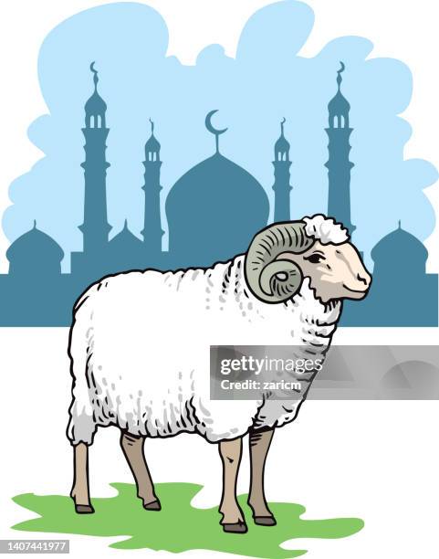 eid al-adha grußkarte mit dem bild des opferwidders - eid al adha stock-grafiken, -clipart, -cartoons und -symbole